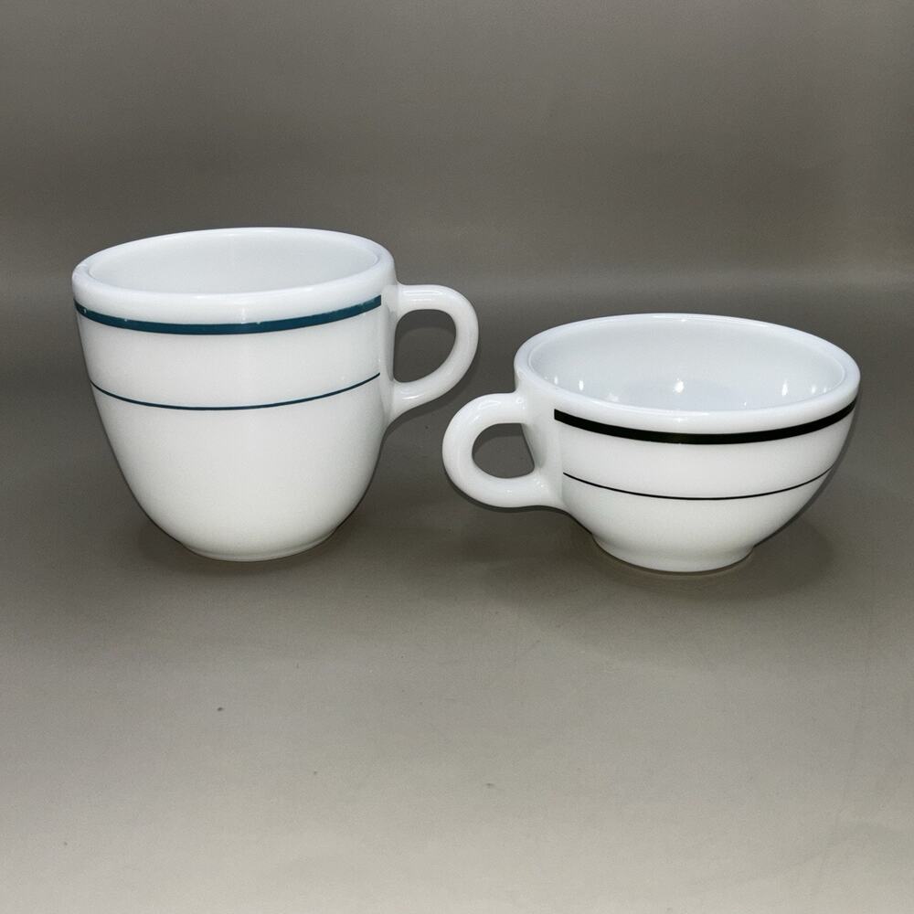 VINTAGE PYREX MILK GLASS MUGS TEAL BLUE/GREEN STRIPES LOT OF 2